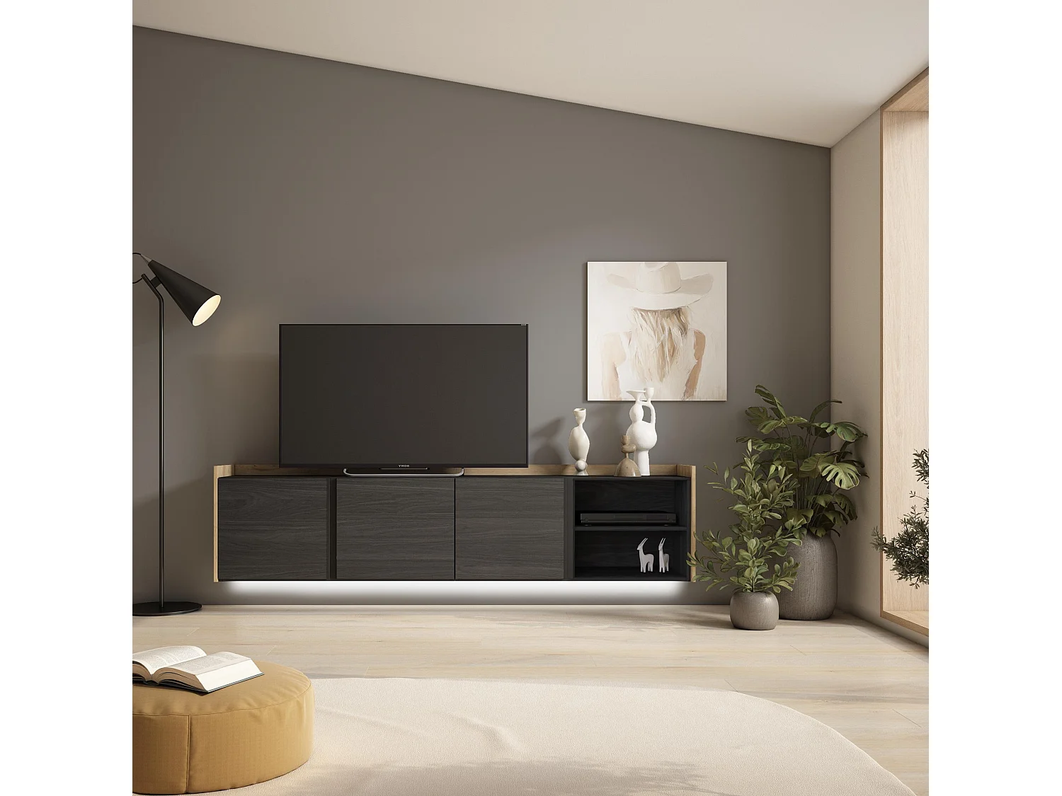 TV-Schrank, Lowboard, 207x50x35 cm, Für TV-Geräte bis zu 80", Hängend, LED, Schwarz Eiche