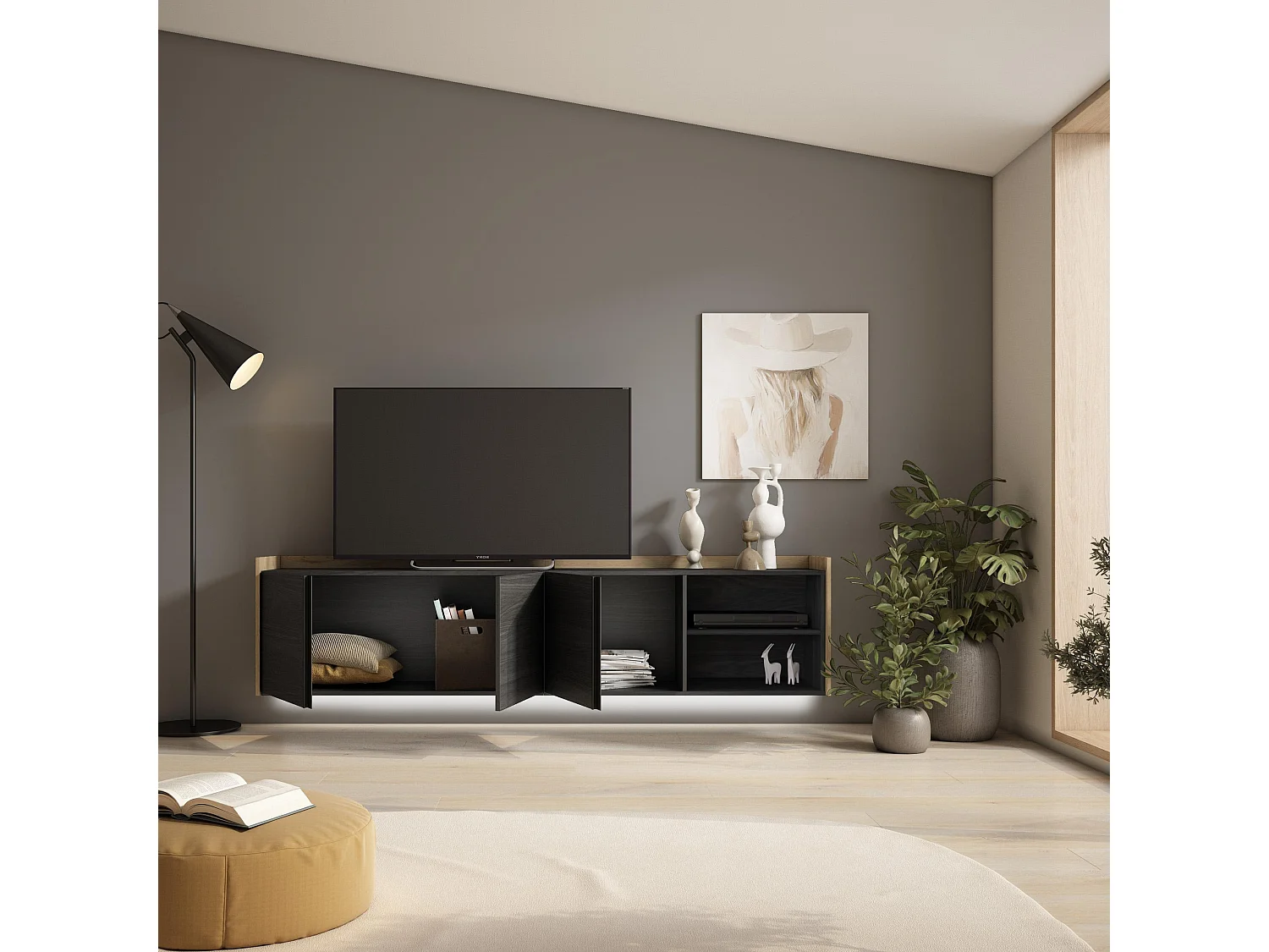 TV-Schrank, Lowboard, 207x50x35 cm, Für TV-Geräte bis zu 80", Hängend, LED, Schwarz Eiche