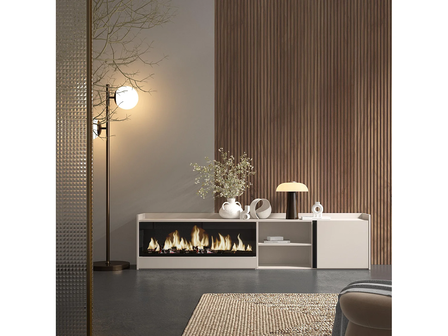 Móvel de TV, 212x50x35 cm, Para televisores até 80", Lareira eléctrica XXL, Bege