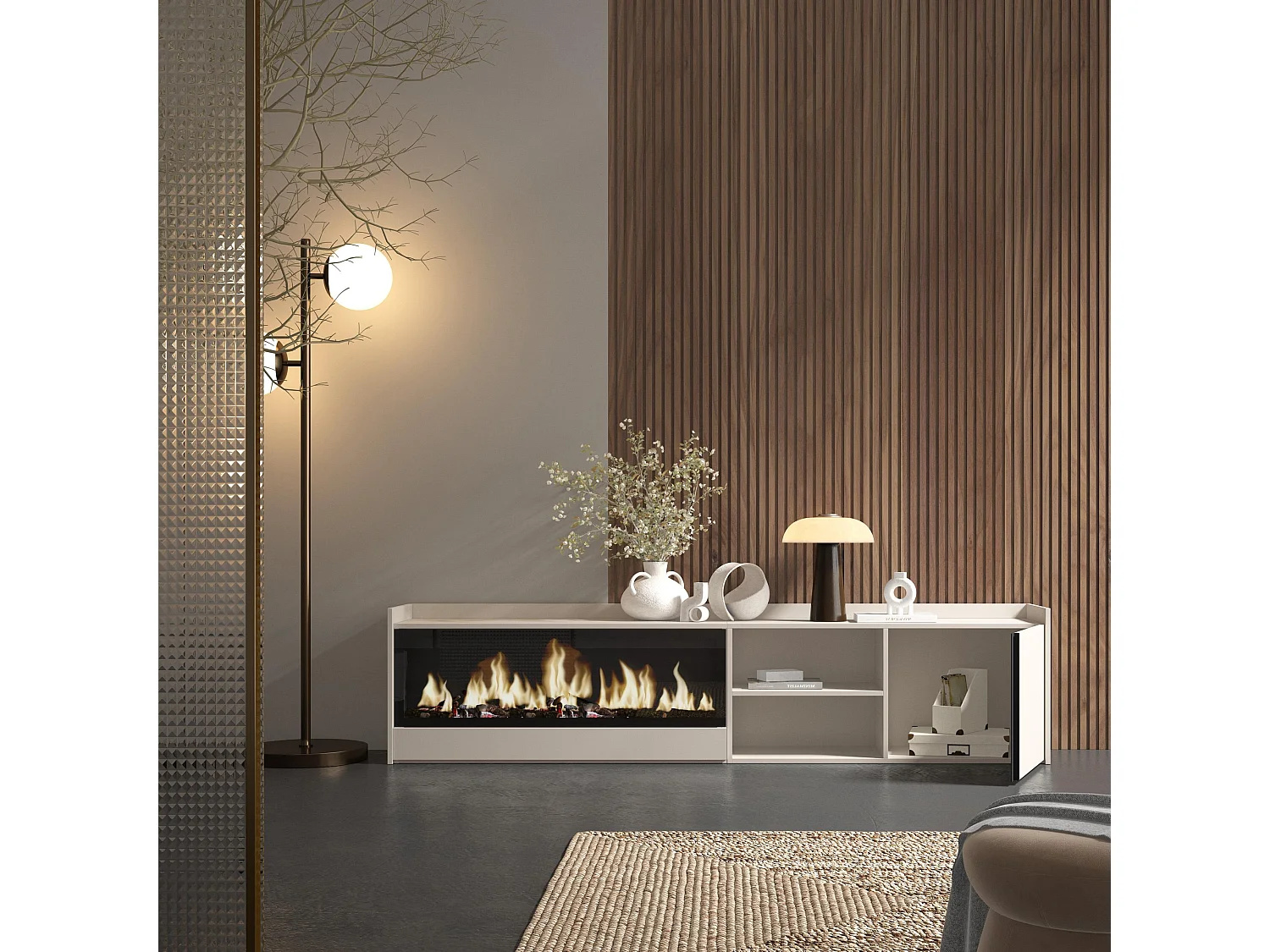 Móvel de TV, 212x50x35 cm, Para televisores até 80", Lareira eléctrica XXL, Bege