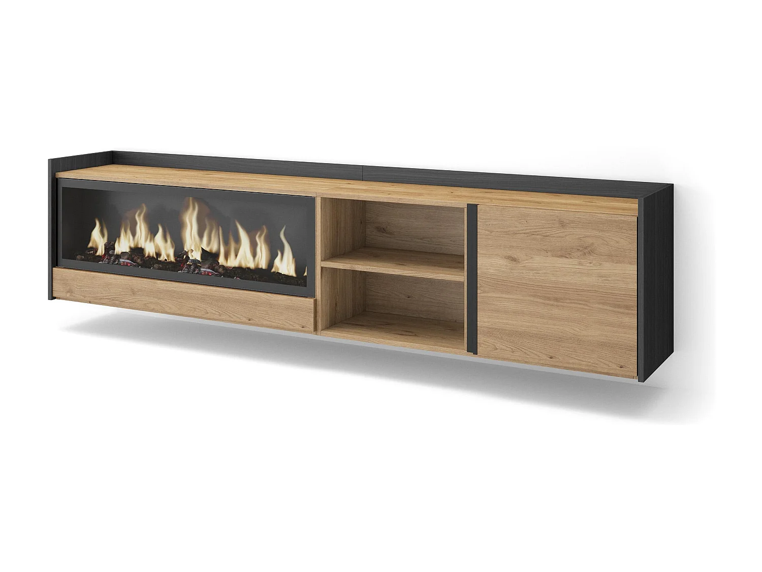 Móvel de TV, 212x50x35 cm, Para televisores até 80", Lareira eléctrica XXL, Suspensos, Carvalho e preto