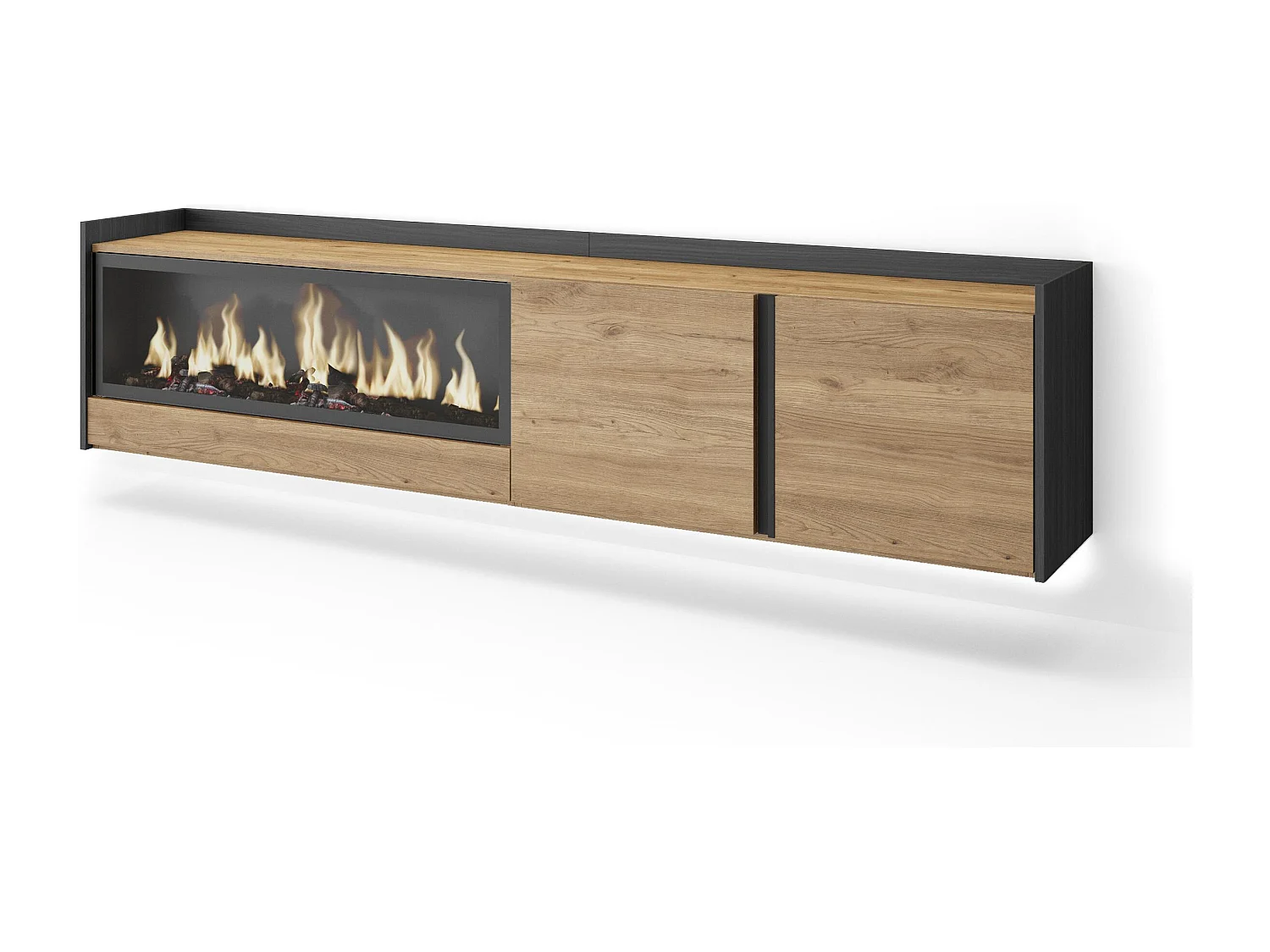 TV-Schrank, Lowboard, 212x50x35 cm, Für TV-Geräte bis zu 80", Elektrokamin XXL, Hängend, LED, Eiche Schwarz