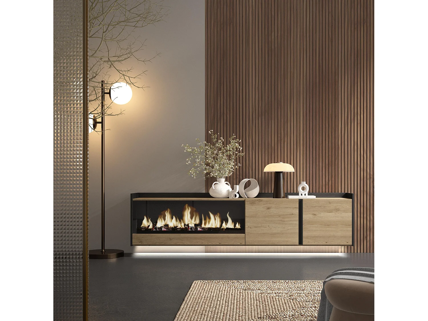 TV-Schrank, Lowboard, 212x50x35 cm, Für TV-Geräte bis zu 80", Elektrokamin XXL, Hängend, LED, Eiche Schwarz