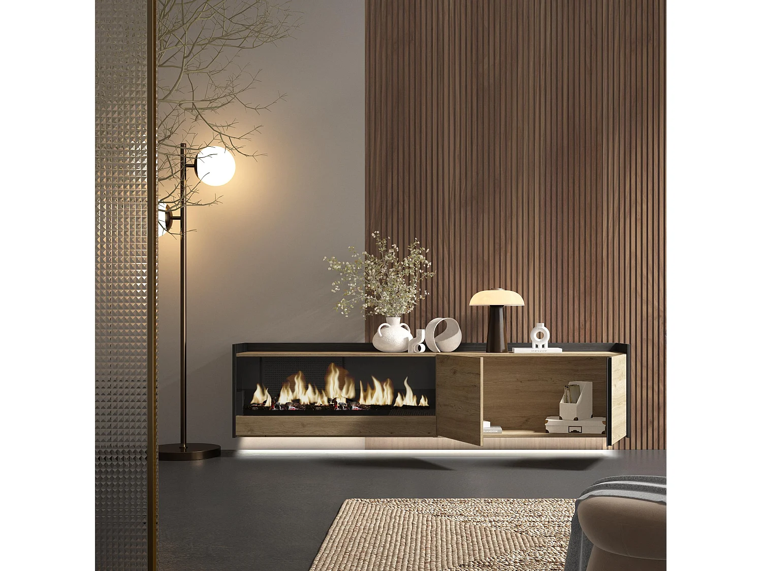 TV-Schrank, Lowboard, 212x50x35 cm, Für TV-Geräte bis zu 80", Elektrokamin XXL, Hängend, LED, Eiche Schwarz