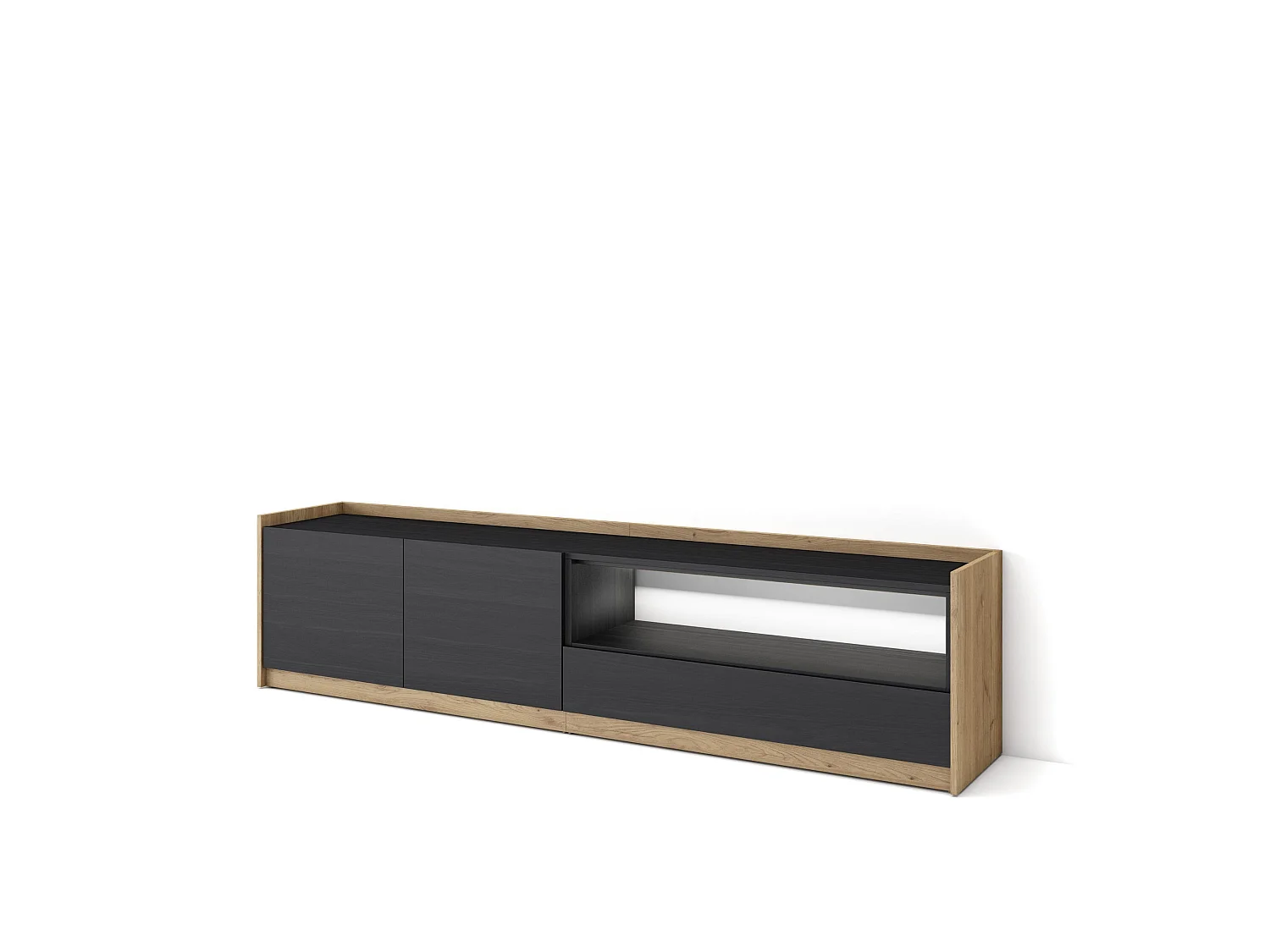 TV-Schrank, Lowboard, 207x50x37 cm, Für TV-Geräte bis zu 80", LED, Schwarz Eiche