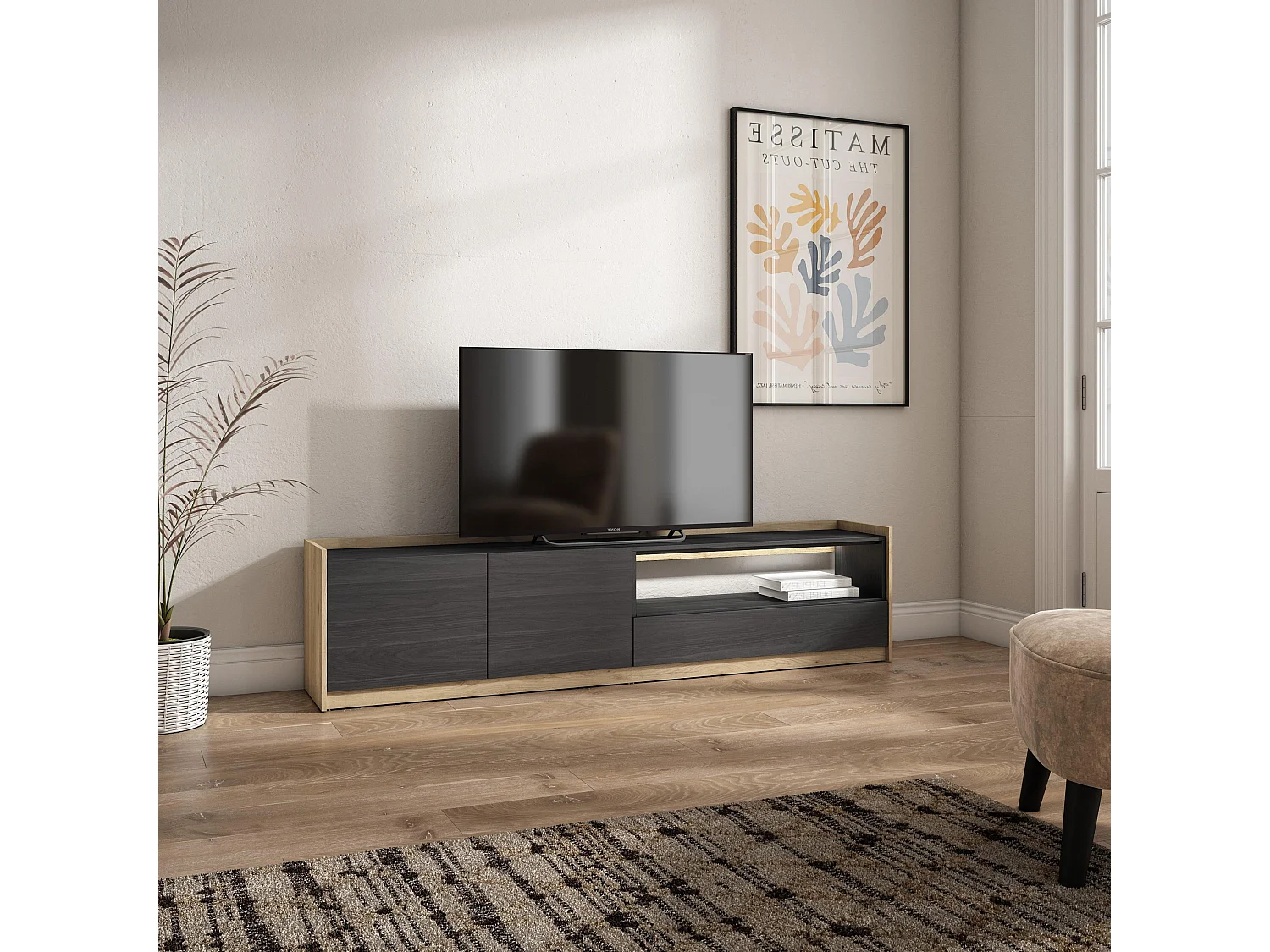 TV-Schrank, Lowboard, 207x50x37 cm, Für TV-Geräte bis zu 80", LED, Schwarz Eiche