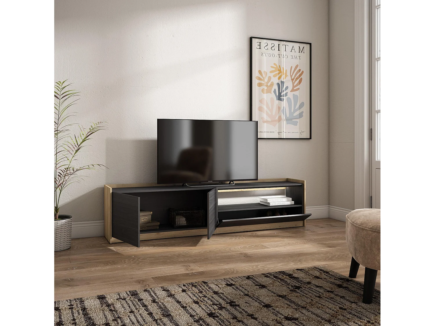 TV-Schrank, Lowboard, 207x50x37 cm, Für TV-Geräte bis zu 80", LED, Schwarz Eiche