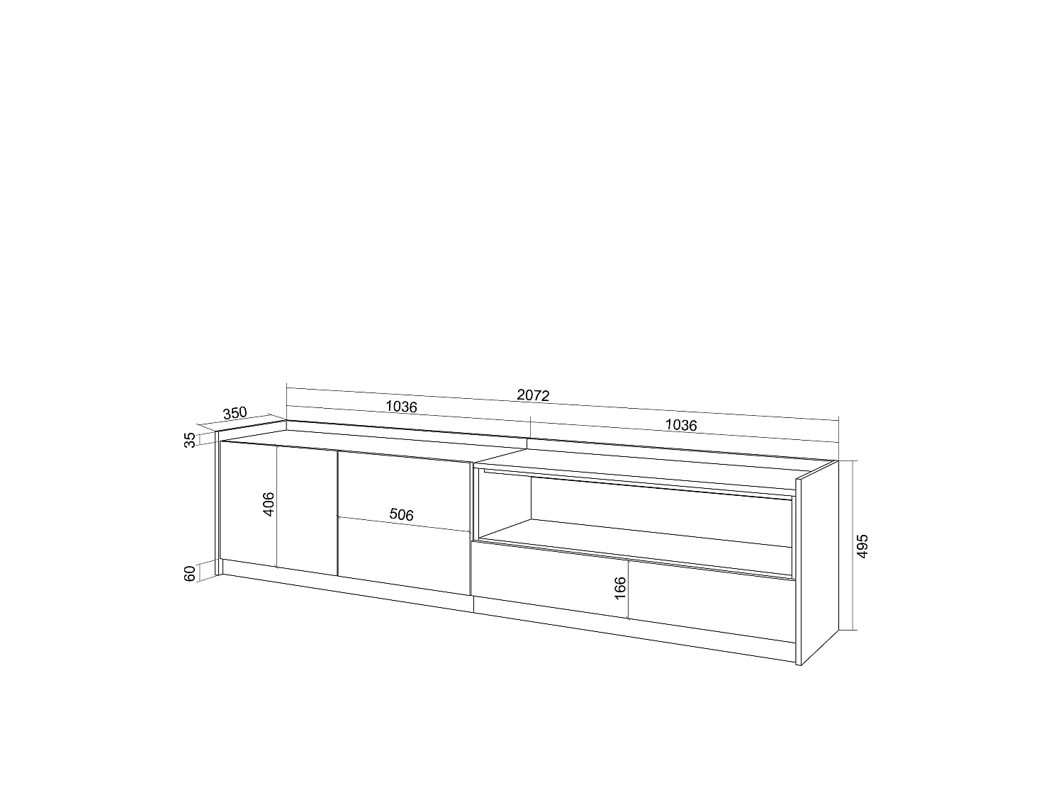 TV-Schrank, Lowboard, 207x50x37 cm, Für TV-Geräte bis zu 80", LED, Schwarz Eiche
