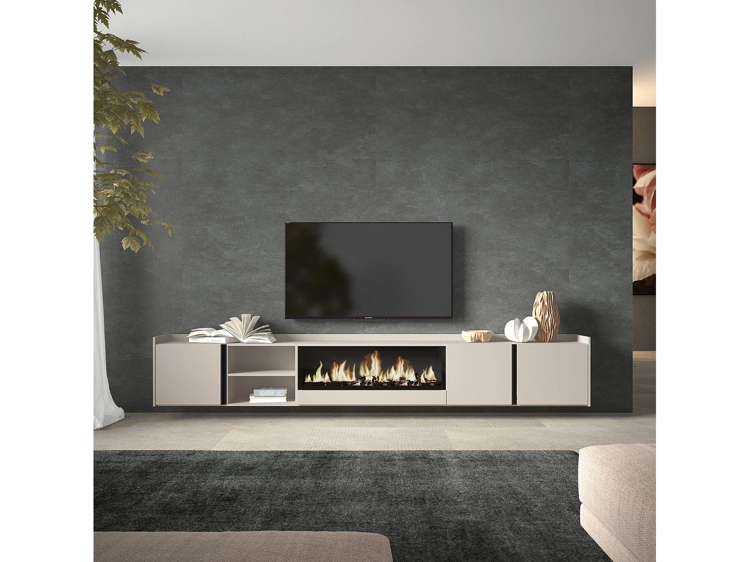 TV-Schrank, Lowboard, 315x50x35 cm, Für TV-Geräte bis zu 80", Elektrokamin XXL, Hängend, Beige