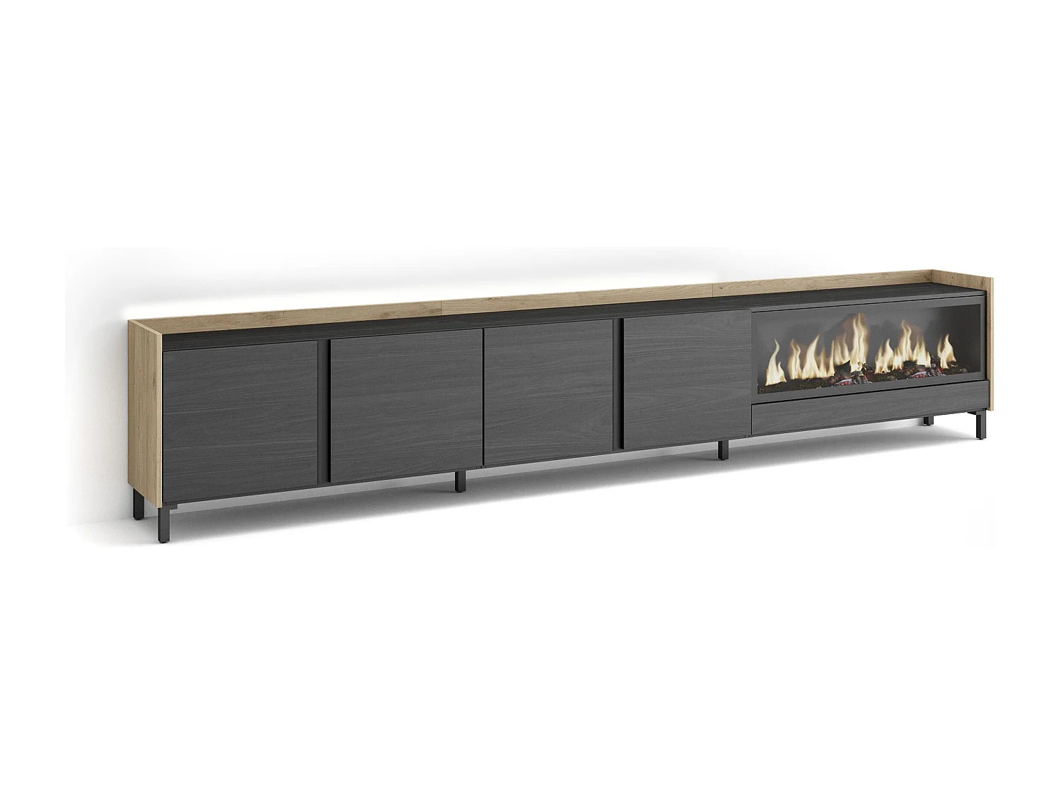 Móvel de TV, 315x61x35 cm, Para televisores até 80", Lareira eléctrica XXL, Design industrial, LED, Preto e Carvalho