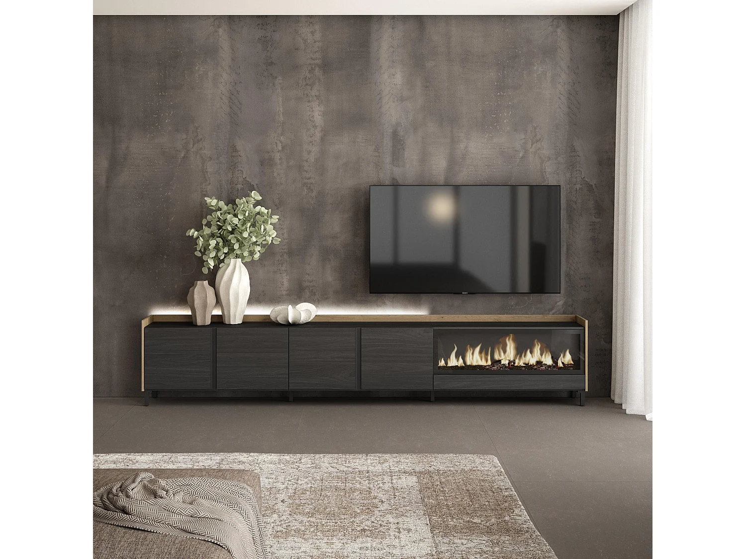 Móvel de TV, 315x61x35 cm, Para televisores até 80", Lareira eléctrica XXL, Design industrial, LED, Preto e Carvalho