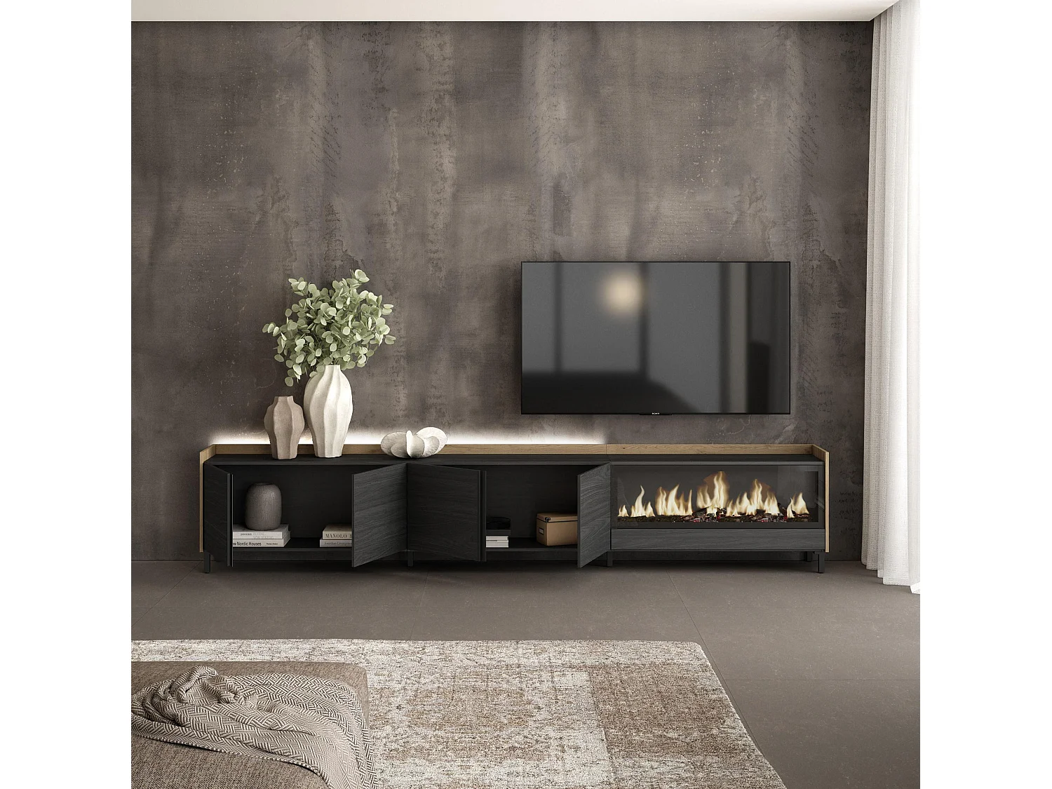 Móvel de TV, 315x61x35 cm, Para televisores até 80", Lareira eléctrica XXL, Design industrial, LED, Preto e Carvalho