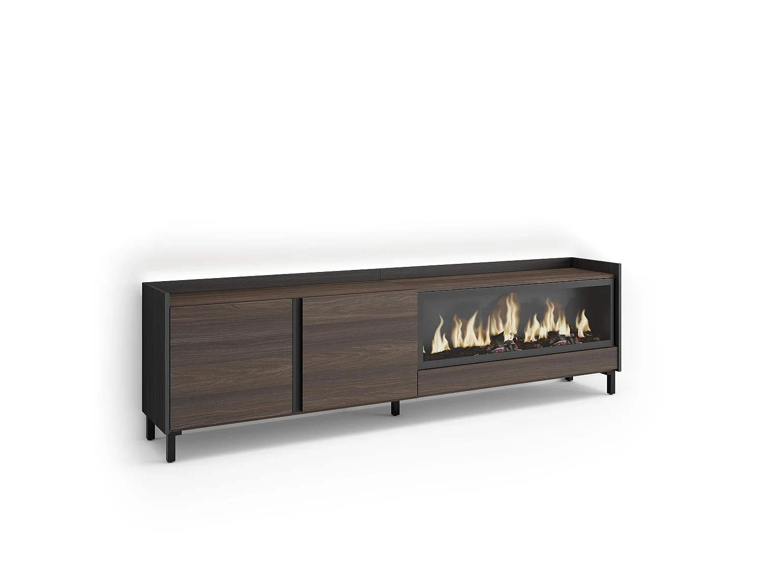 TV-Schrank, Lowboard, 212x61x35 cm, Für TV-Geräte bis zu 80", Elektrokamin XXL, Industriedesign, LED, Dunkler Eiche und Schwarz