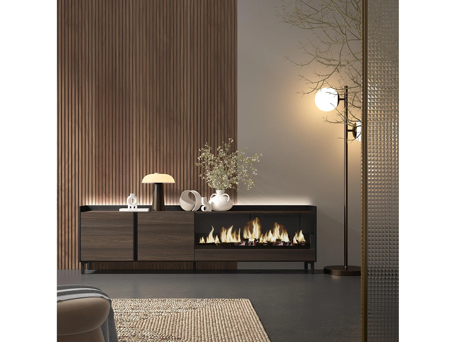 TV-Schrank, Lowboard, 212x61x35 cm, Für TV-Geräte bis zu 80", Elektrokamin XXL, Industriedesign, LED, Dunkler Eiche und Schwarz