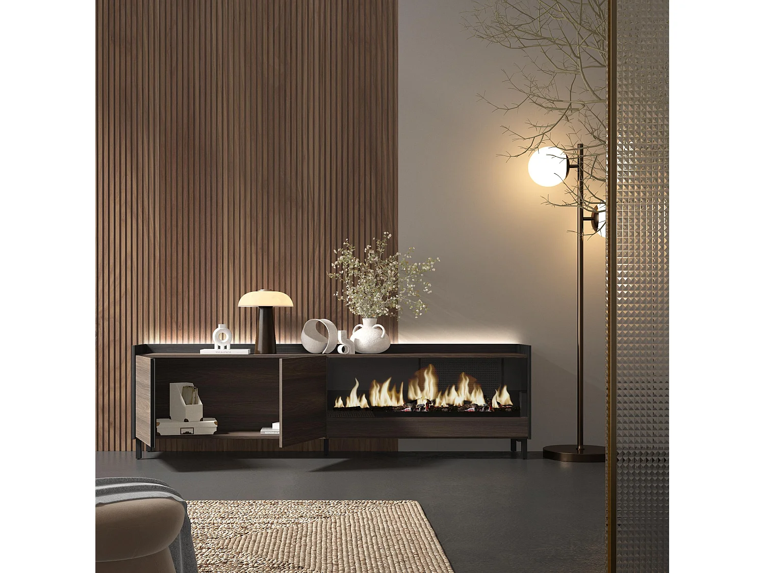 TV-Schrank, Lowboard, 212x61x35 cm, Für TV-Geräte bis zu 80", Elektrokamin XXL, Industriedesign, LED, Dunkler Eiche und Schwarz