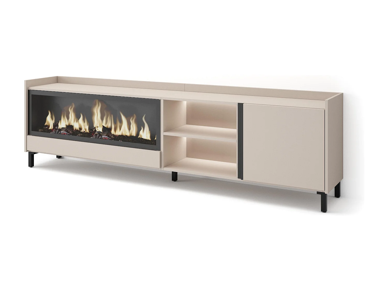 TV-Schrank, Lowboard, 212x61x35 cm, Für TV-Geräte bis zu 80", Elektrokamin XXL, Industriedesign, LED, Beige