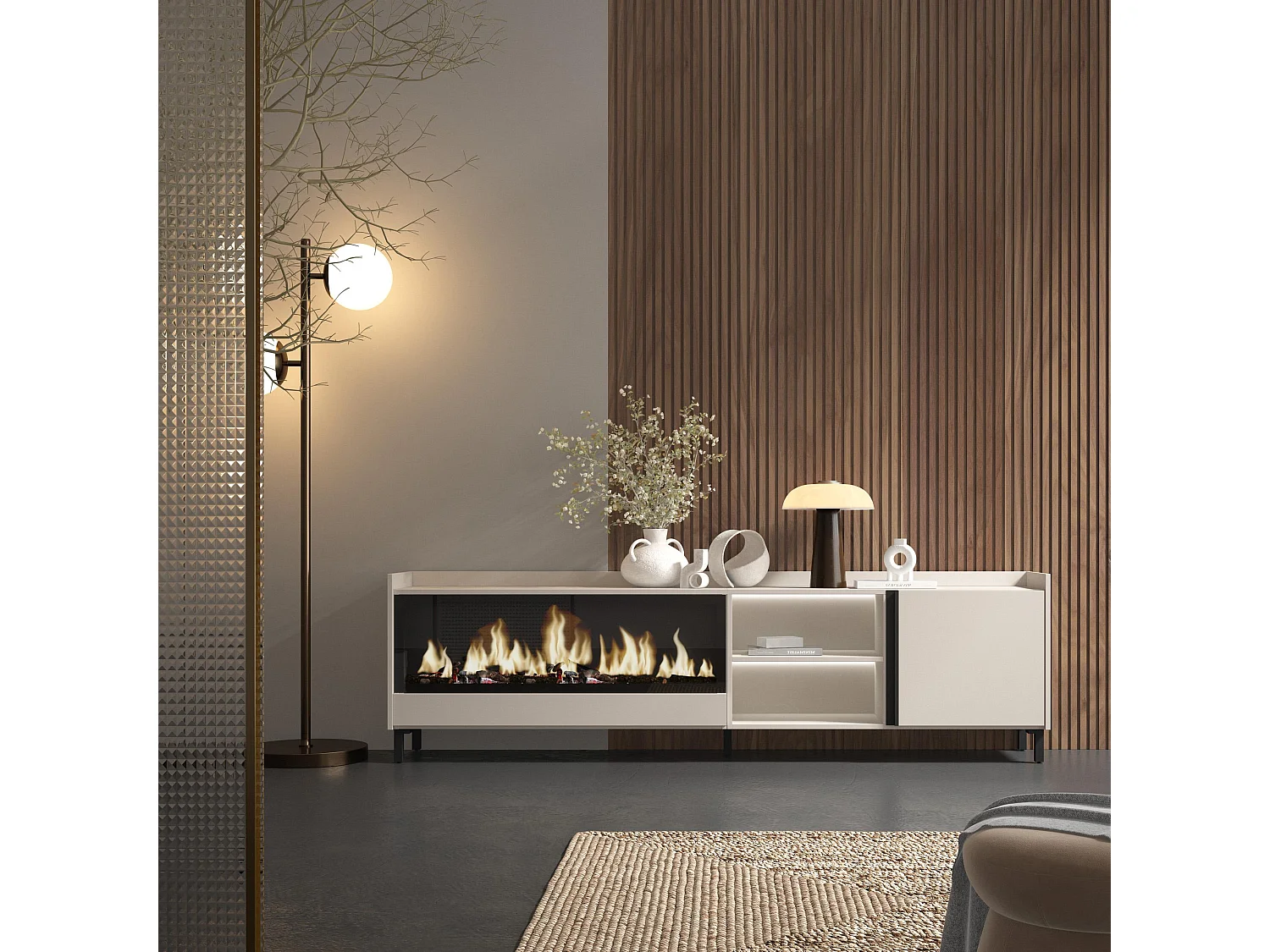 TV-Schrank, Lowboard, 212x61x35 cm, Für TV-Geräte bis zu 80", Elektrokamin XXL, Industriedesign, LED, Beige