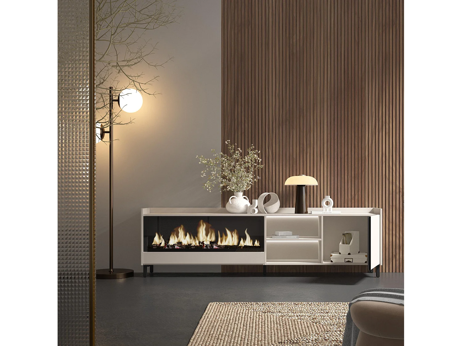 TV-Schrank, Lowboard, 212x61x35 cm, Für TV-Geräte bis zu 80", Elektrokamin XXL, Industriedesign, LED, Beige