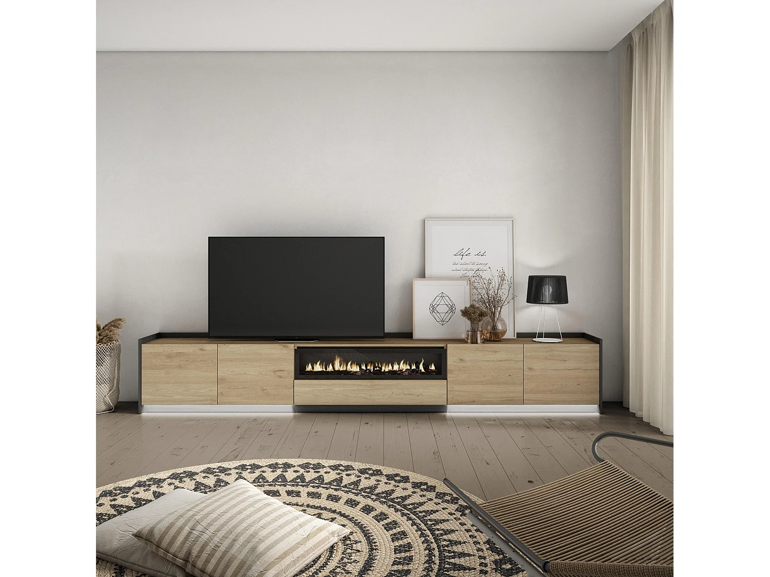 TV-Meubel, Lowboard, 310x50x37 cm, Voor tv's tot 80", Elektrische haard, LED, Eiken/Zwart