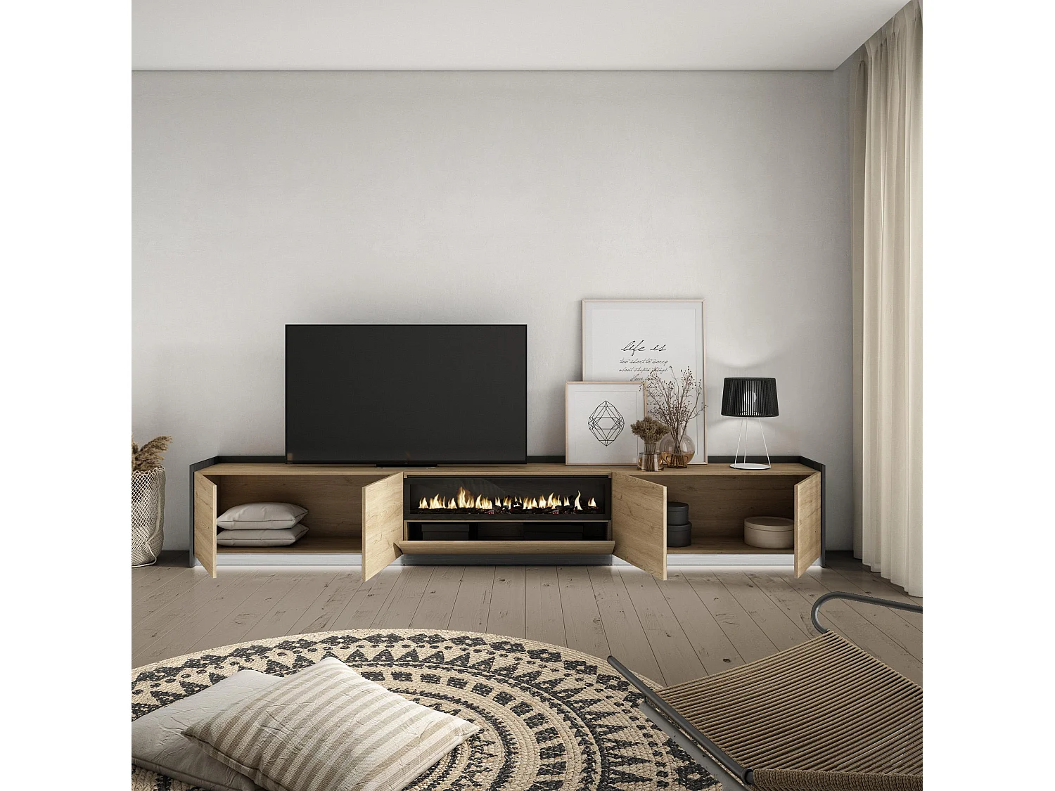 TV-Meubel, Lowboard, 310x50x37 cm, Voor tv's tot 80", Elektrische haard, LED, Eiken/Zwart