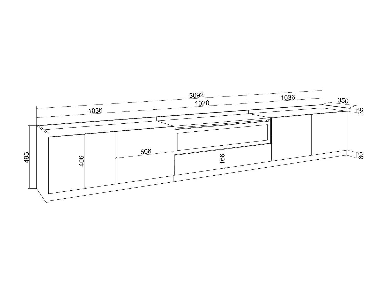 TV-Meubel, Lowboard, 310x50x37 cm, Voor tv's tot 80", Elektrische haard, LED, Eiken/Zwart