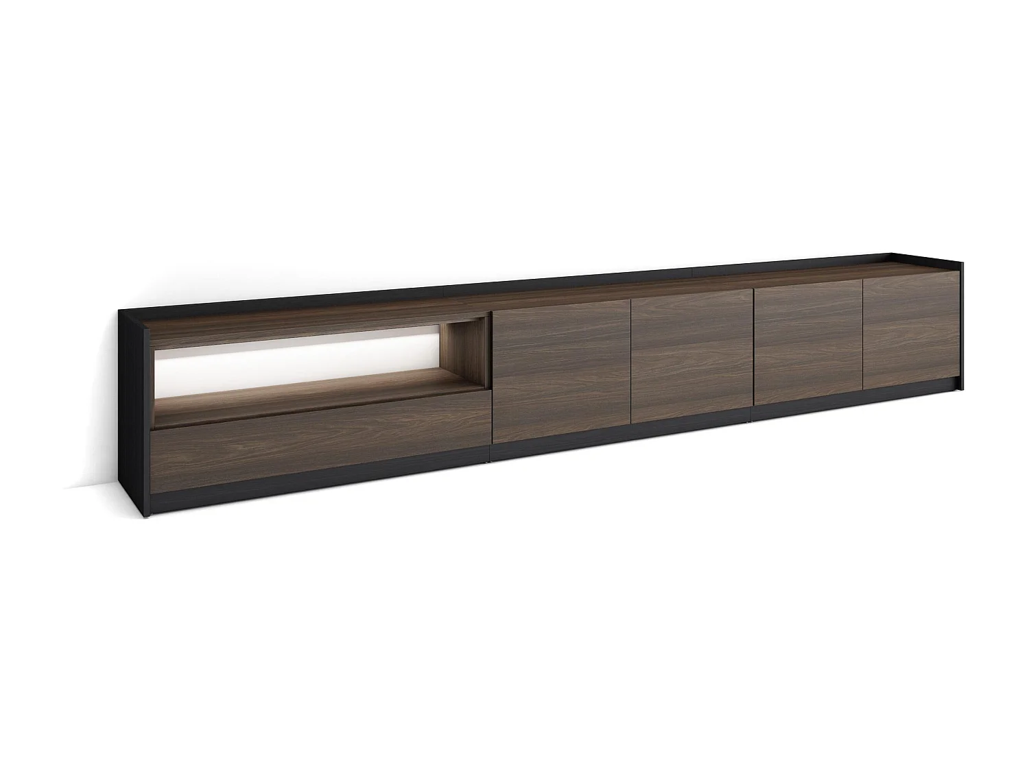 TV-Schrank, Lowboard, 310x50x37 cm, Für TV-Geräte bis zu 80", LED, Dunkler Eiche und Schwarz