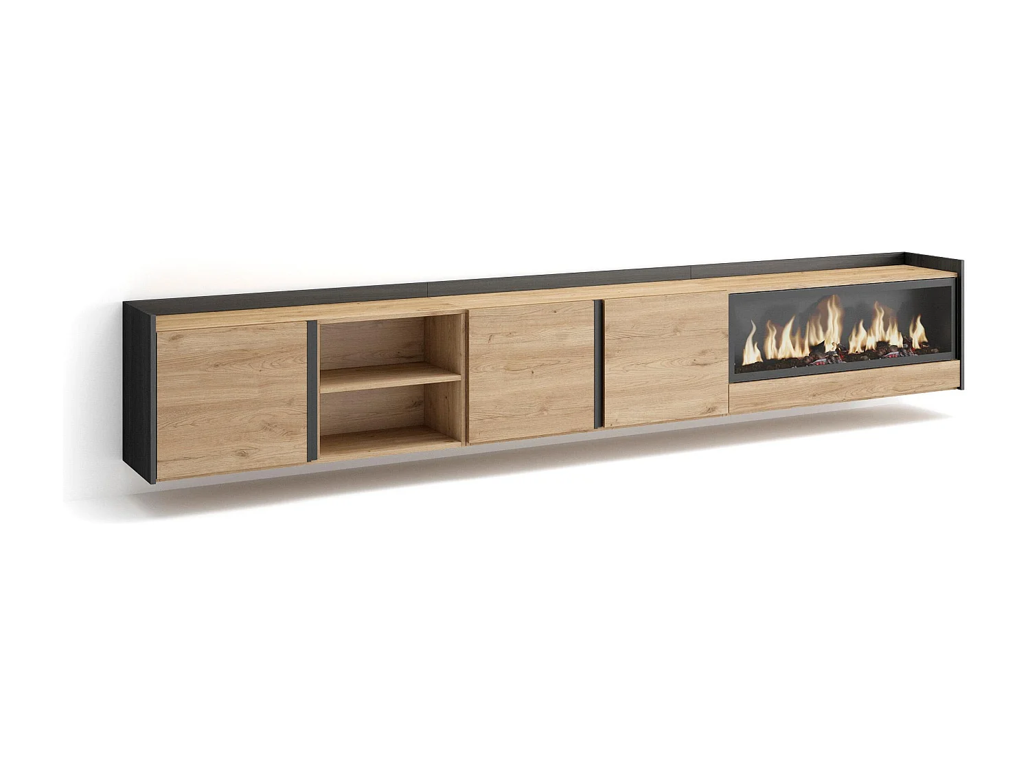 TV-Schrank, Lowboard, 315x50x35 cm, Für TV-Geräte bis zu 80", Elektrokamin XXL, Hängend, Eiche Schwarz