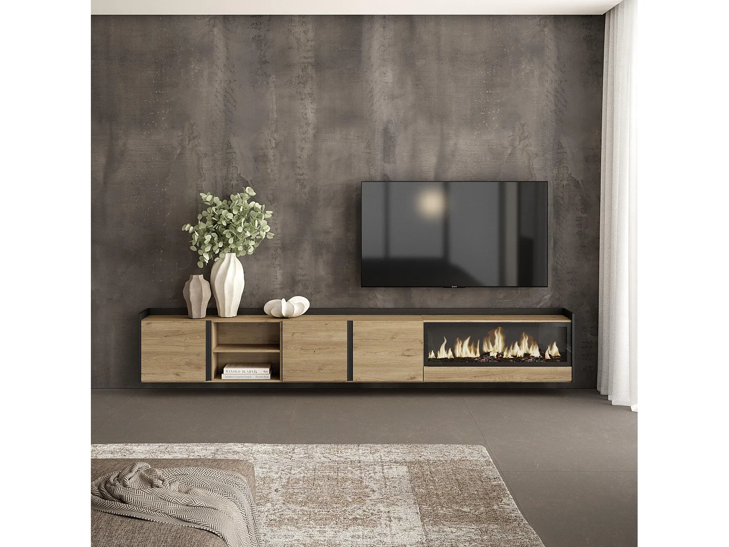 TV-Schrank, Lowboard, 315x50x35 cm, Für TV-Geräte bis zu 80", Elektrokamin XXL, Hängend, Eiche Schwarz