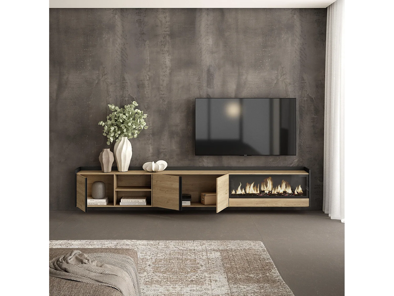 TV-Schrank, Lowboard, 315x50x35 cm, Für TV-Geräte bis zu 80", Elektrokamin XXL, Hängend, Eiche Schwarz