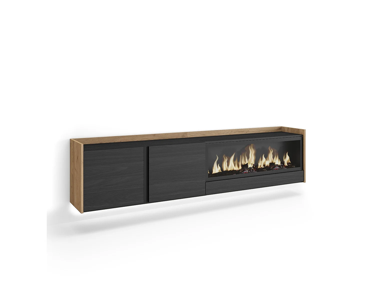 TV-Schrank, Lowboard, 212x50x35 cm, Für TV-Geräte bis zu 80", Elektrokamin XXL, Hängend, LED, Schwarz Eiche