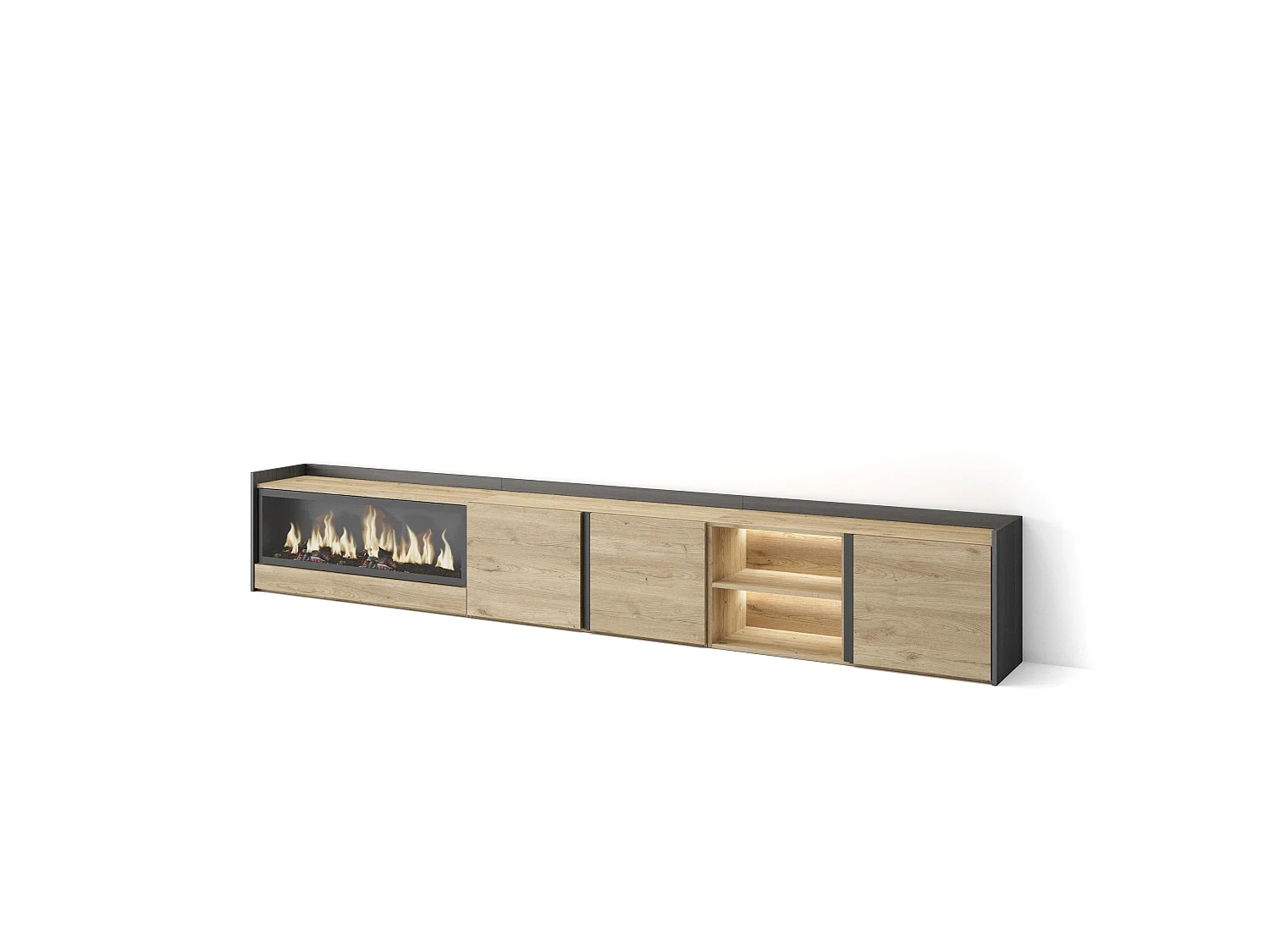 TV-Schrank, Lowboard, 315x50x35 cm, Für TV-Geräte bis zu 80", Elektrokamin XXL, LED, Eiche Schwarz
