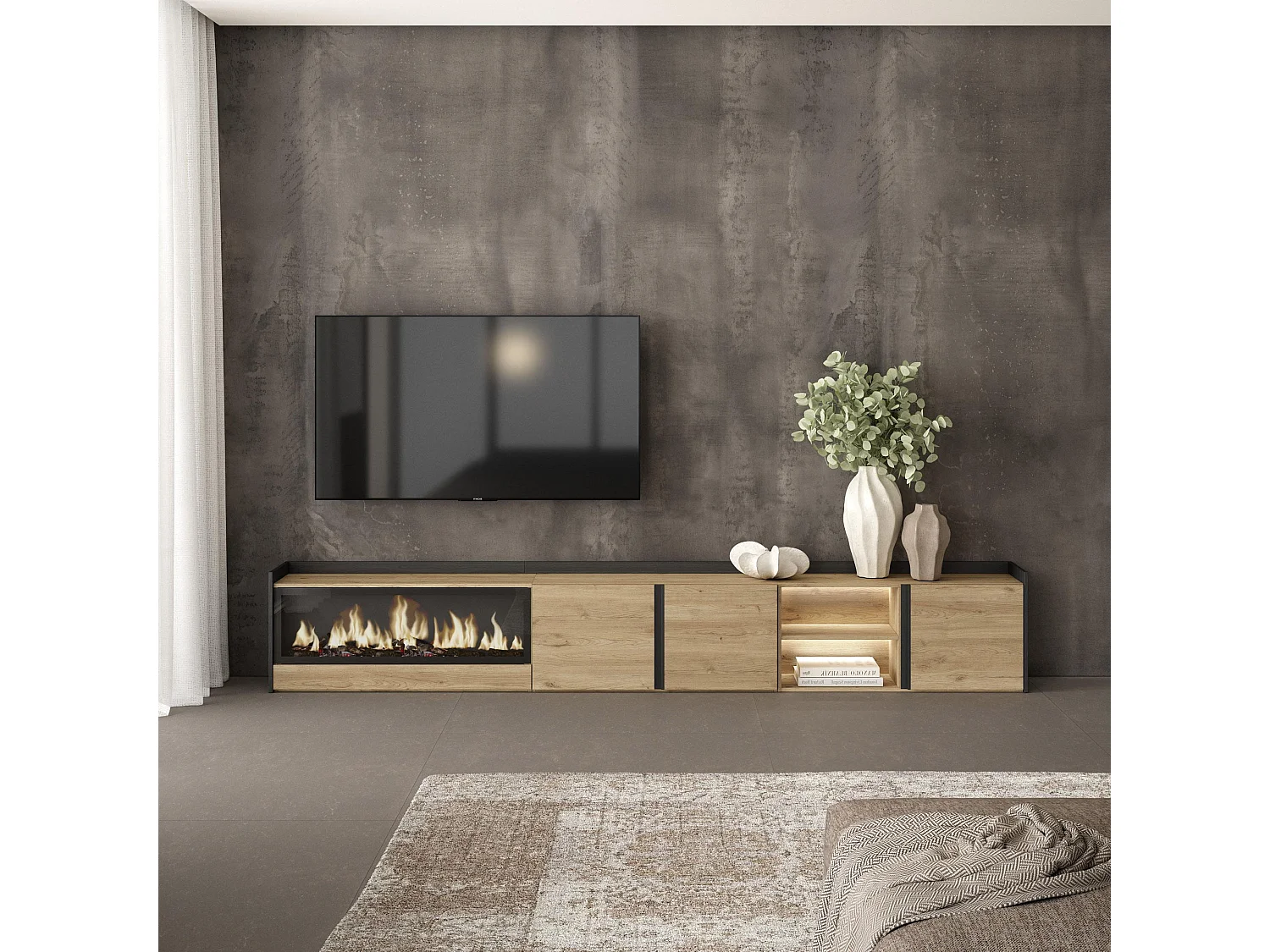 TV-Schrank, Lowboard, 315x50x35 cm, Für TV-Geräte bis zu 80", Elektrokamin XXL, LED, Eiche Schwarz