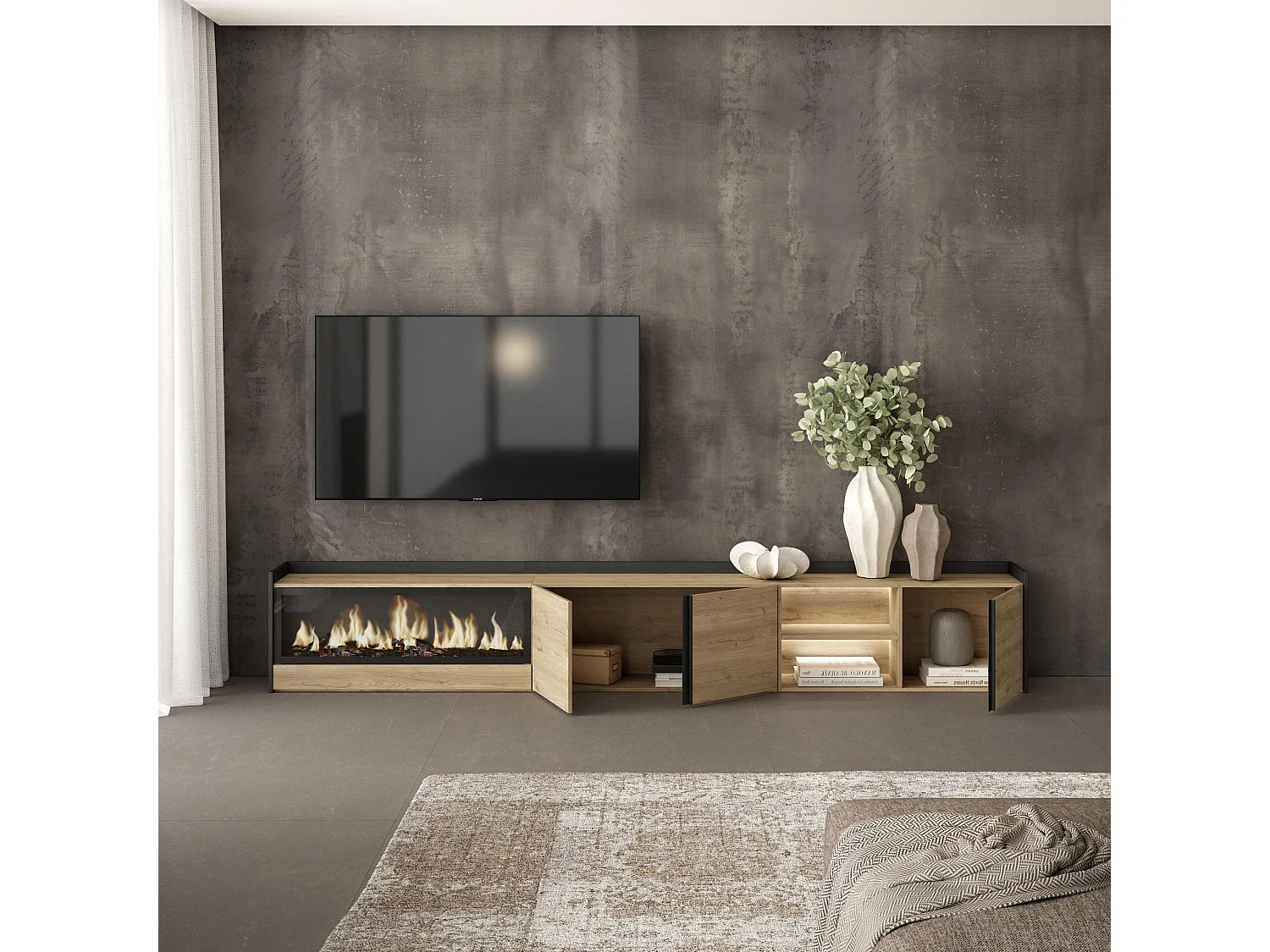 TV-Schrank, Lowboard, 315x50x35 cm, Für TV-Geräte bis zu 80", Elektrokamin XXL, LED, Eiche Schwarz