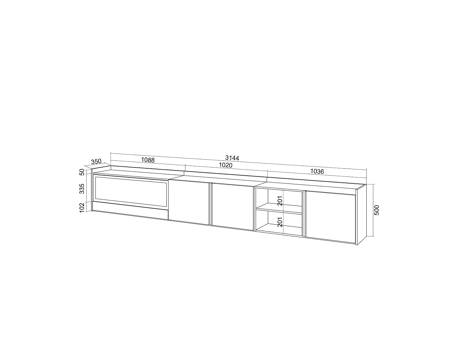 TV-Schrank, Lowboard, 315x50x35 cm, Für TV-Geräte bis zu 80", Elektrokamin XXL, LED, Eiche Schwarz