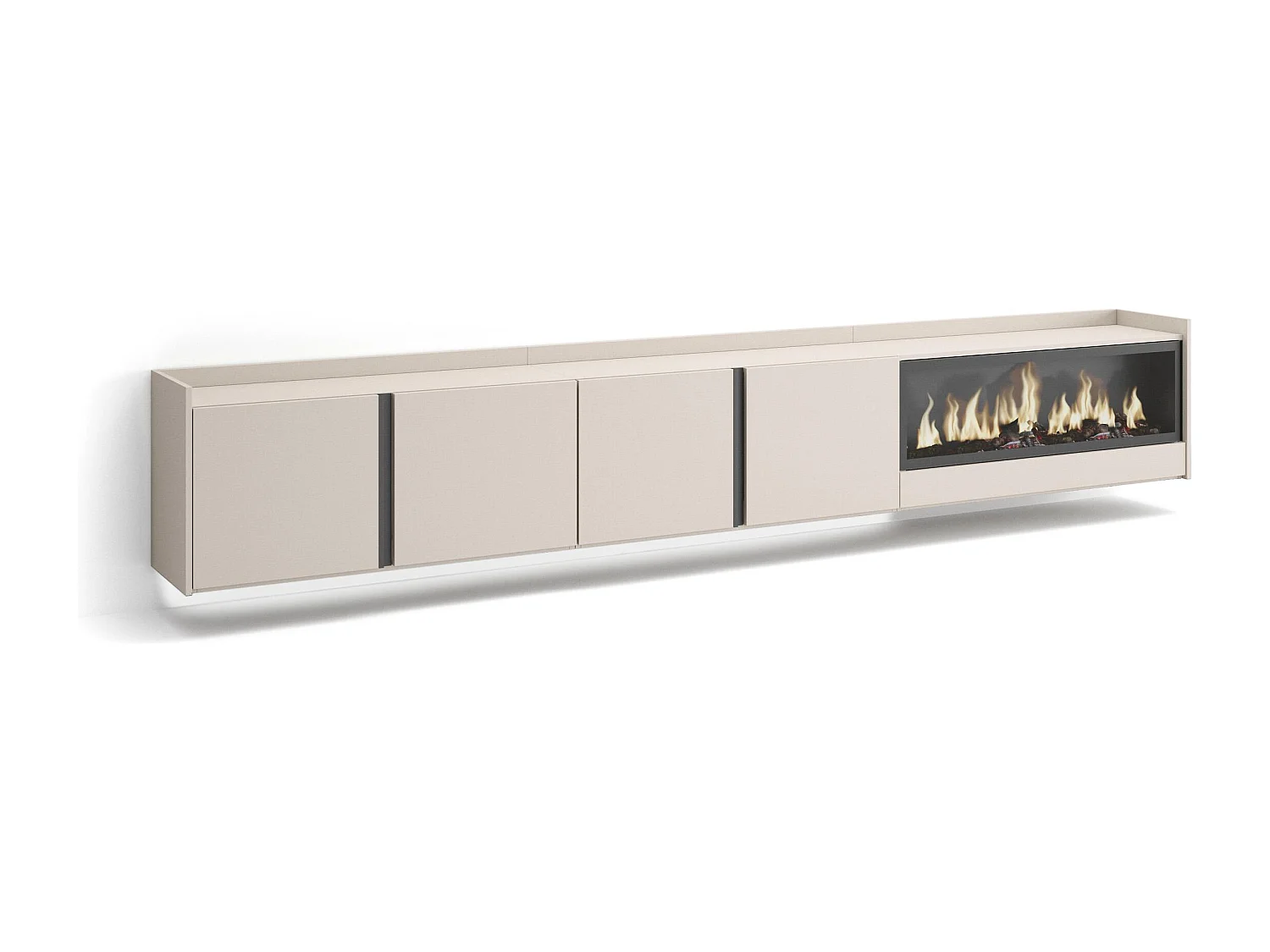 TV-Meubel, Lowboard, 315x50x35 cm, Voor tv's tot 80", Elektrische haard XXL, Hangend, LED, Beige