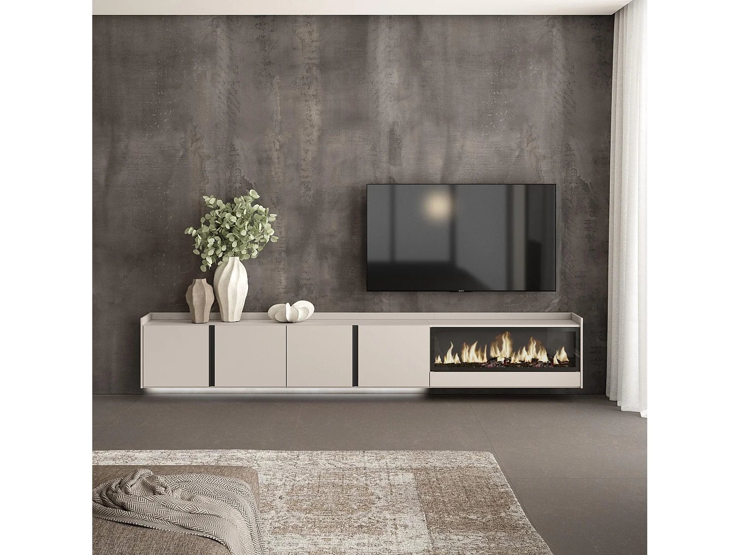 TV-Meubel, Lowboard, 315x50x35 cm, Voor tv's tot 80", Elektrische haard XXL, Hangend, LED, Beige