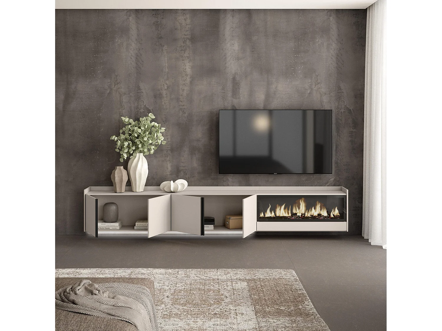 TV-Meubel, Lowboard, 315x50x35 cm, Voor tv's tot 80", Elektrische haard XXL, Hangend, LED, Beige