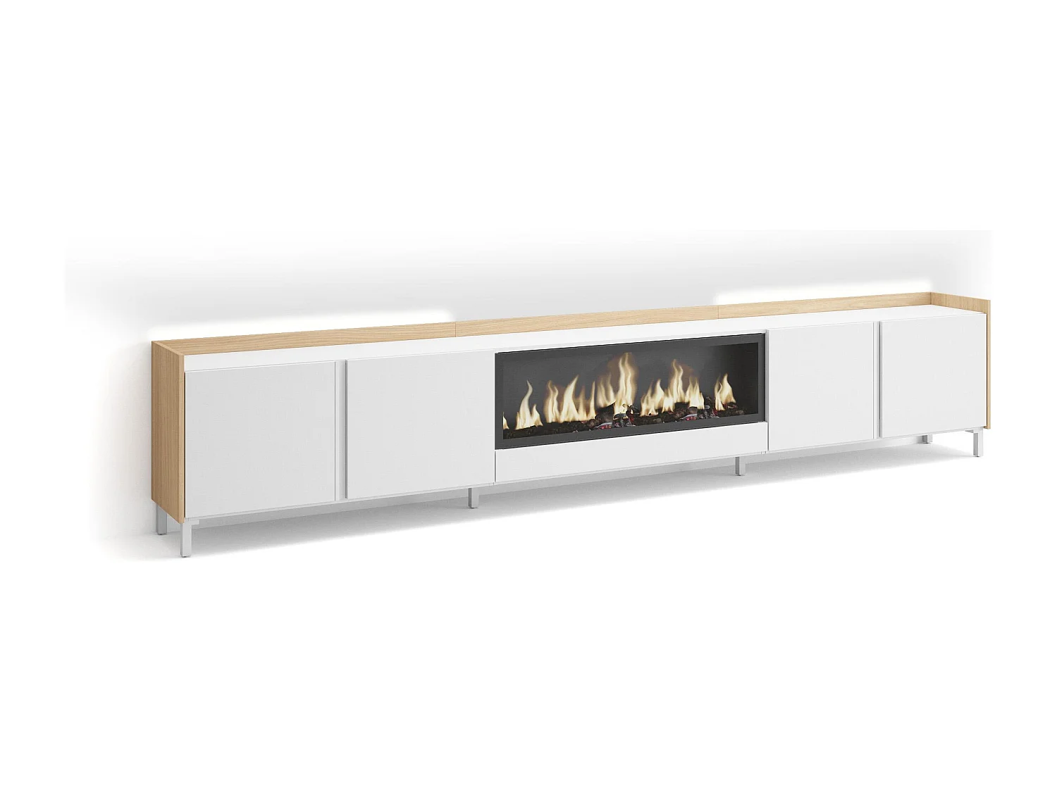TV-Meubel, Lowboard, 315x61x35 cm, Voor tv's tot 80", Elektrische haard XXL, Industrieel design, LED, Wit en Eiken soft