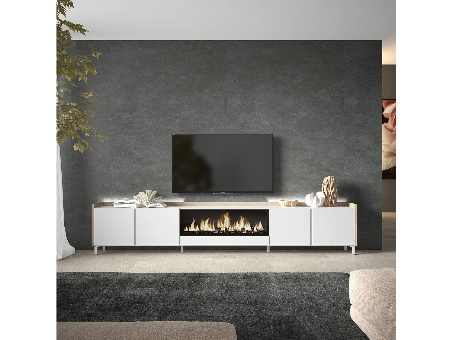 TV-Meubel, Lowboard, 315x61x35 cm, Voor tv's tot 80", Elektrische haard XXL, Industrieel design, LED, Wit en Eiken soft