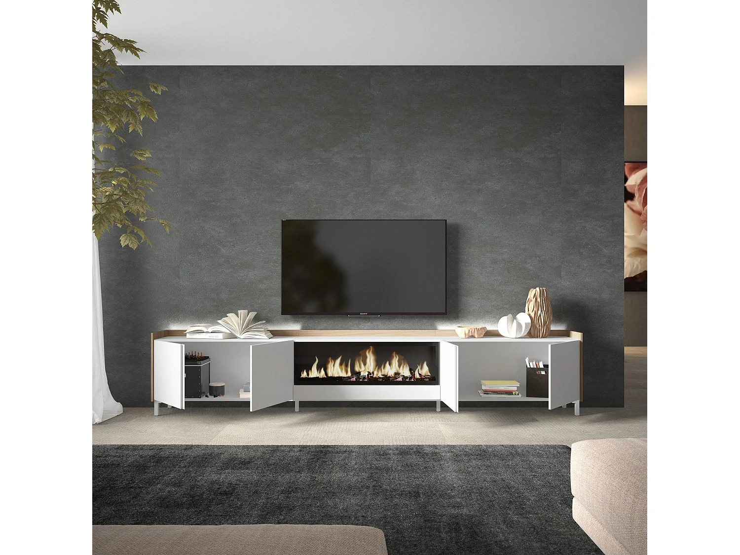 TV-Meubel, Lowboard, 315x61x35 cm, Voor tv's tot 80", Elektrische haard XXL, Industrieel design, LED, Wit en Eiken soft