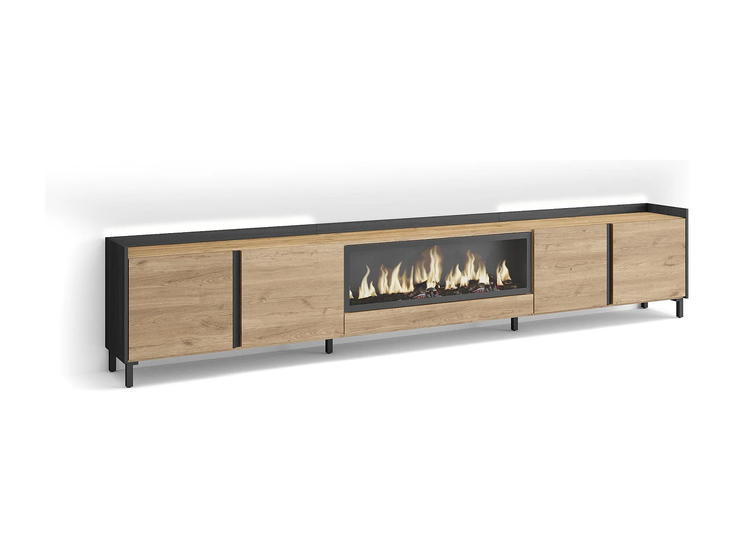 TV-Meubel, Lowboard, 315x61x35 cm, Voor tv's tot 80", Elektrische haard XXL, Industrieel design, LED, Eiken/Zwart