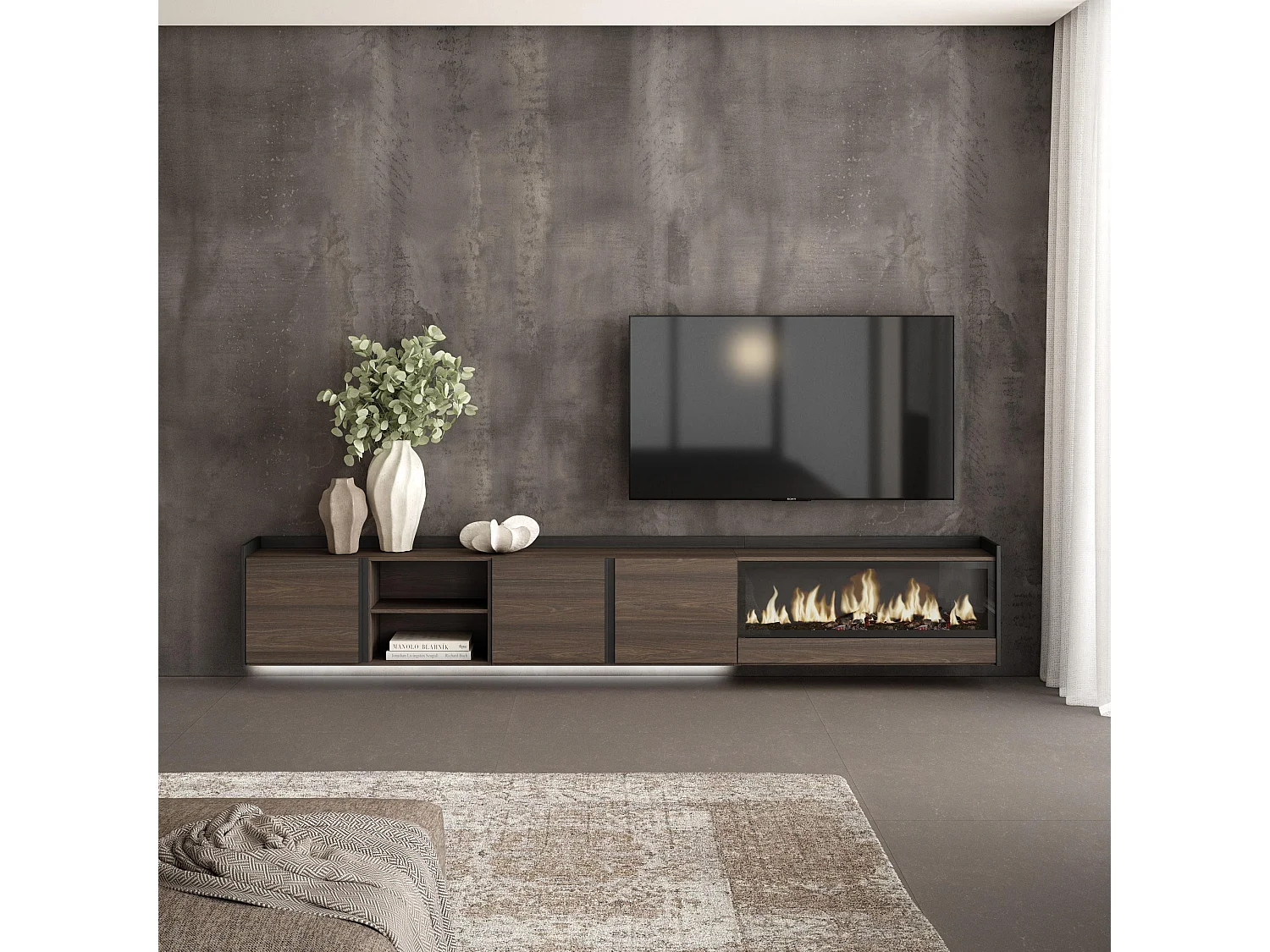 TV-Schrank, Lowboard, 315x50x35 cm, Für TV-Geräte bis zu 80", Elektrokamin XXL, Hängend, LED, Dunkler Eiche und Schwarz