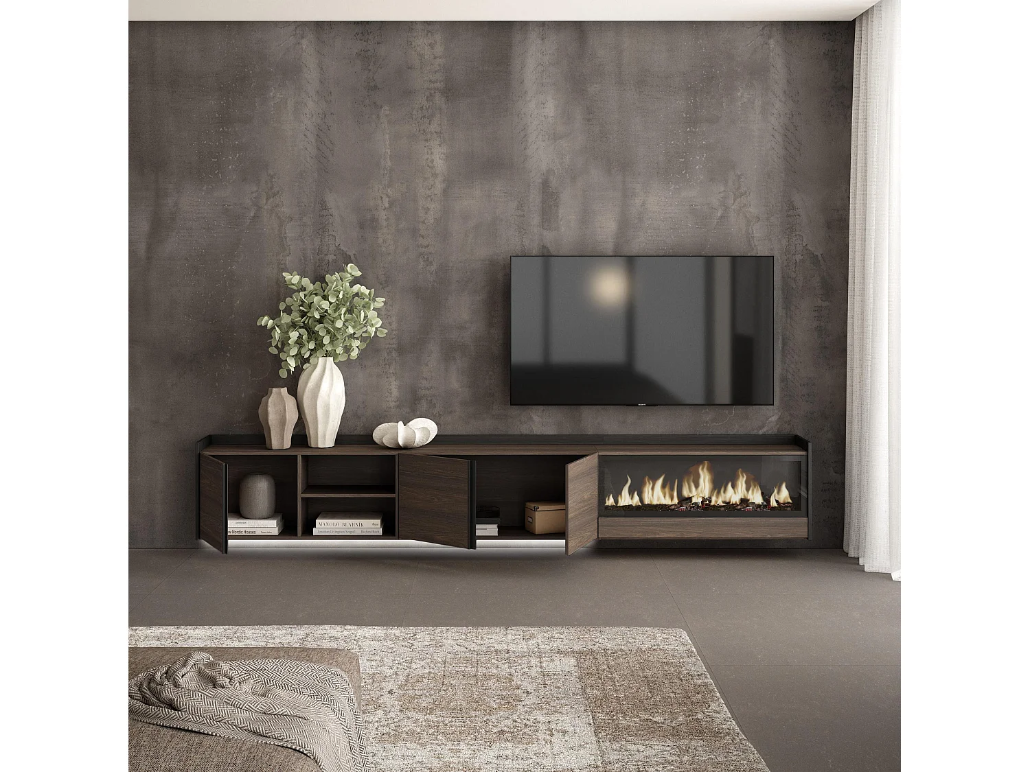 TV-Schrank, Lowboard, 315x50x35 cm, Für TV-Geräte bis zu 80", Elektrokamin XXL, Hängend, LED, Dunkler Eiche und Schwarz