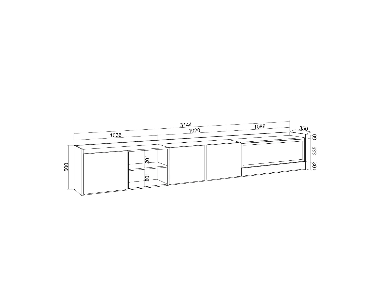 TV-Schrank, Lowboard, 315x50x35 cm, Für TV-Geräte bis zu 80", Elektrokamin XXL, Hängend, LED, Dunkler Eiche und Schwarz
