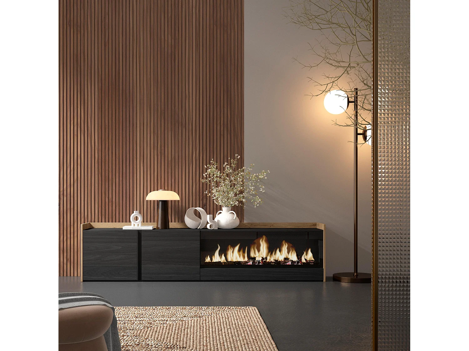 TV-Schrank, Lowboard, 212x50x35 cm, Für TV-Geräte bis zu 80", Elektrokamin XXL, Schwarz Eiche