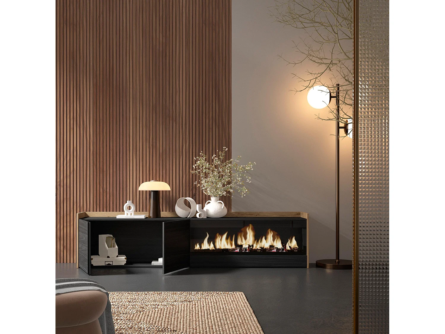 TV-Schrank, Lowboard, 212x50x35 cm, Für TV-Geräte bis zu 80", Elektrokamin XXL, Schwarz Eiche