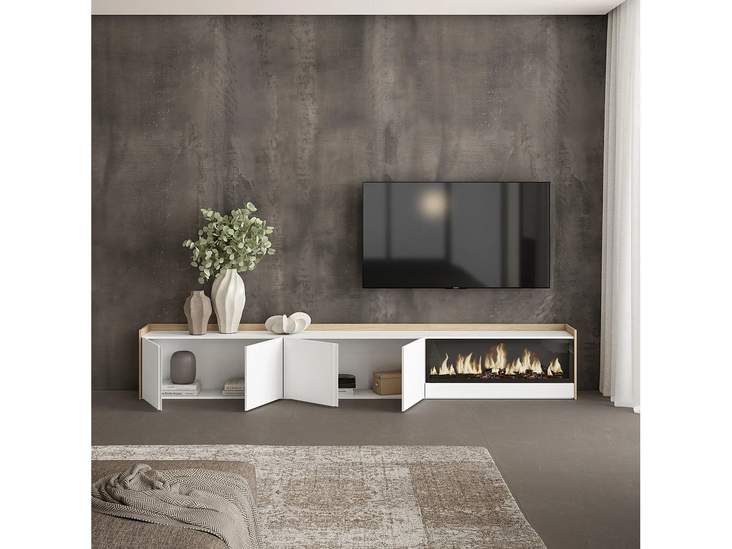 Móvel de TV, 315x50x35 cm, Para televisores até 80", Lareira eléctrica XXL, Branco e Carvalho soft