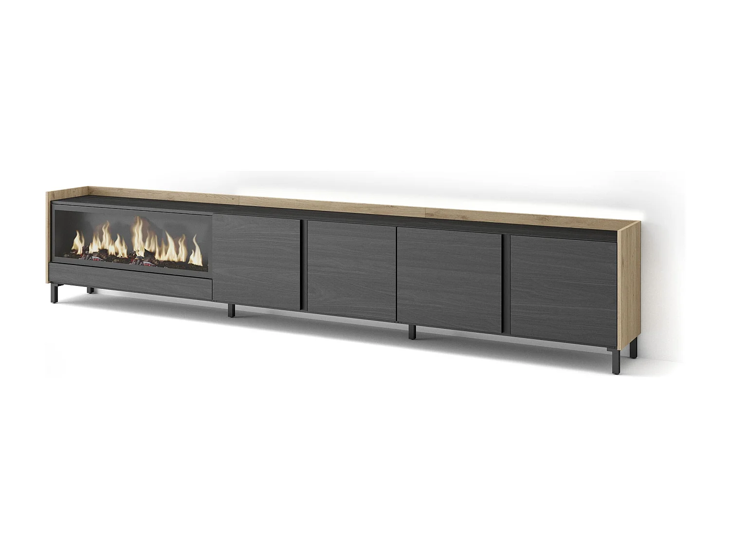 TV-Schrank, Lowboard, 315x61x35 cm, Für TV-Geräte bis zu 80", Elektrokamin XXL, Industriedesign, LED, Schwarz Eiche
