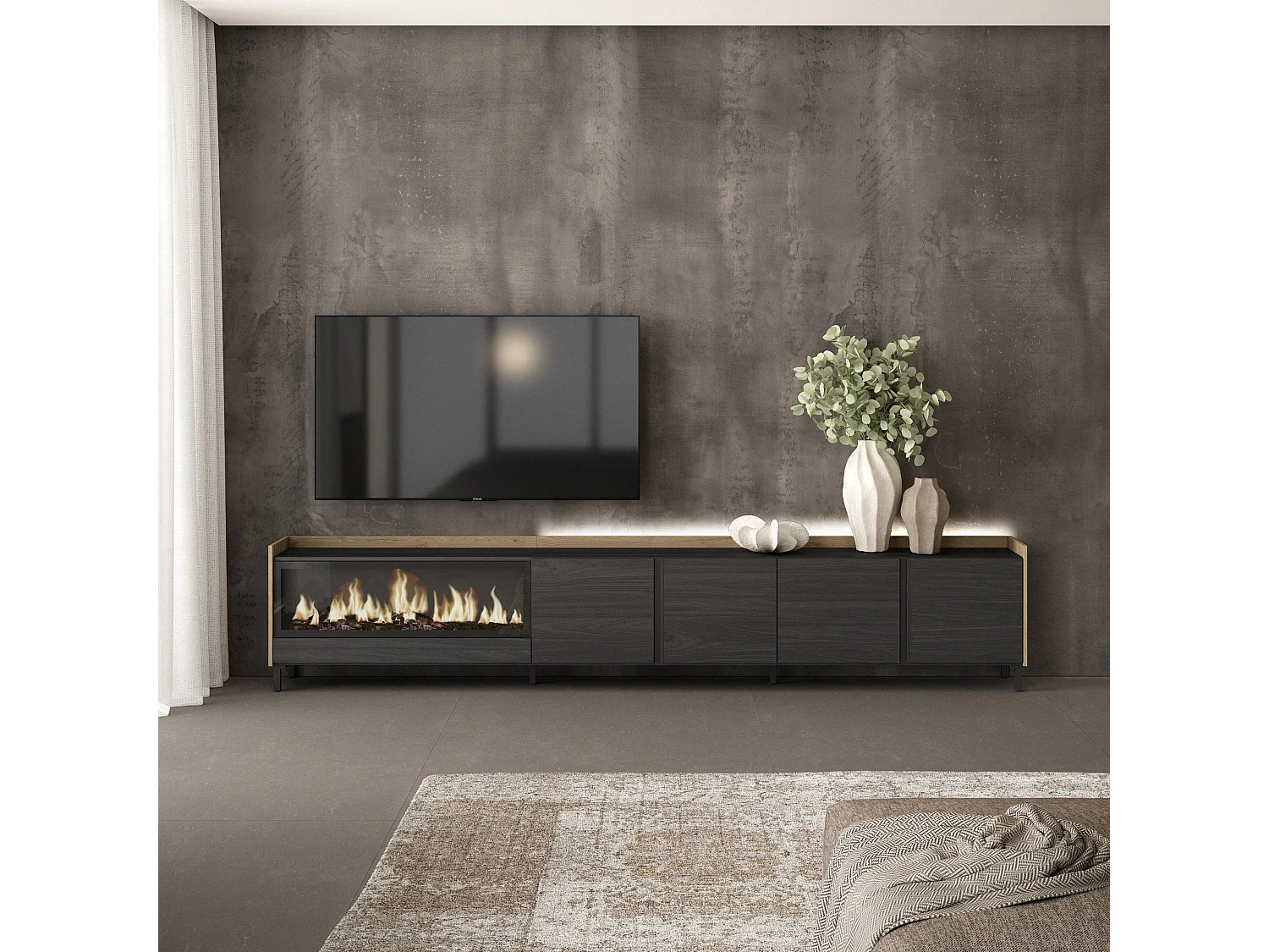 TV-Schrank, Lowboard, 315x61x35 cm, Für TV-Geräte bis zu 80", Elektrokamin XXL, Industriedesign, LED, Schwarz Eiche