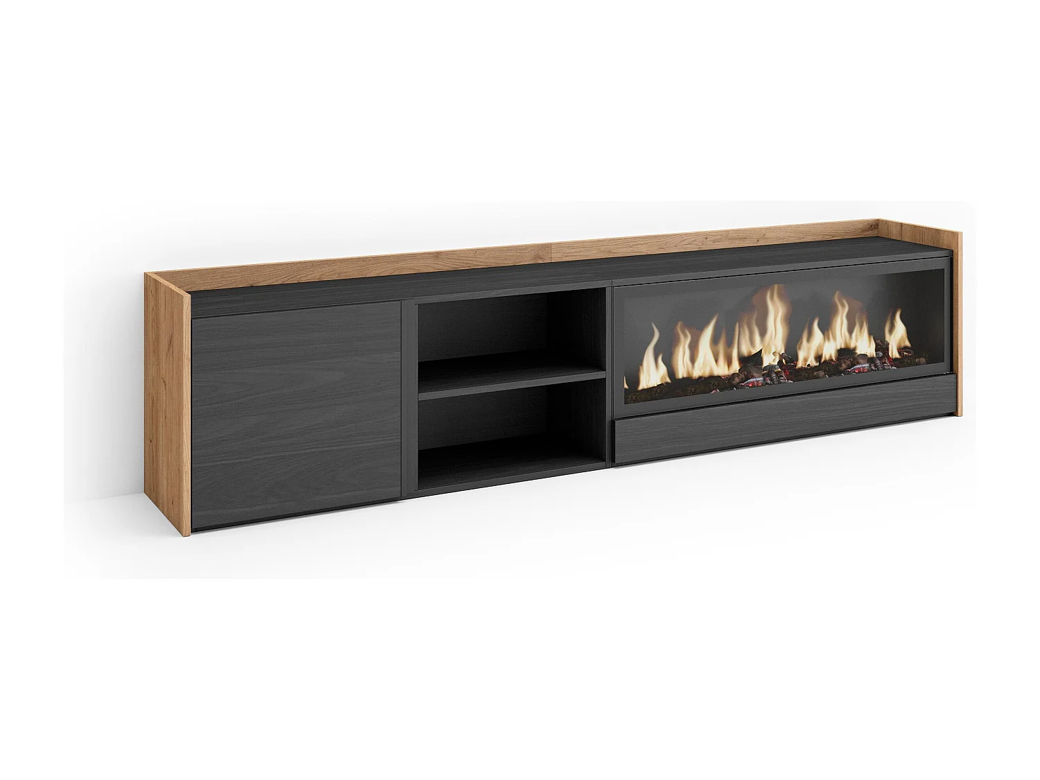 TV-Schrank - Lowboard - 212x50x35cm - Für TV-Geräte bis zu 80" - Elektrokamin XXL - Schwarz Eiche